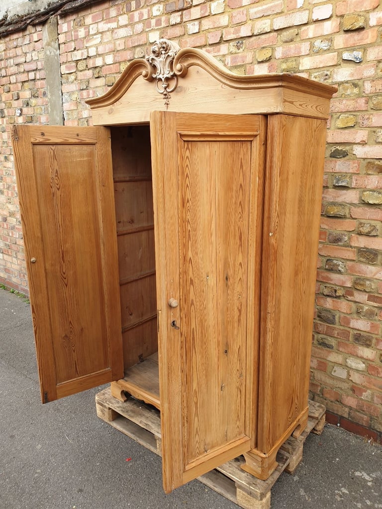 Elegant Antique French Armoire Two Door Wardrobe solid stripped pine wood