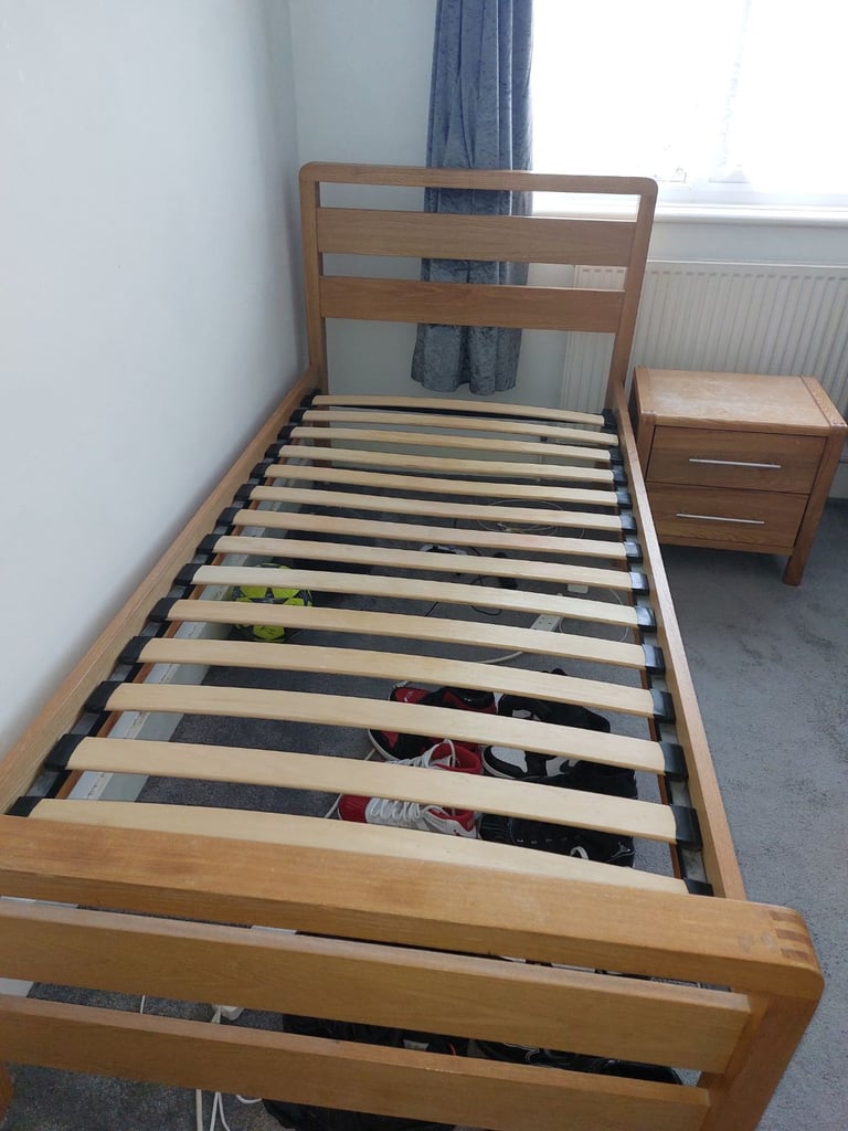 Real pine wood single bed with bedside and mattress 