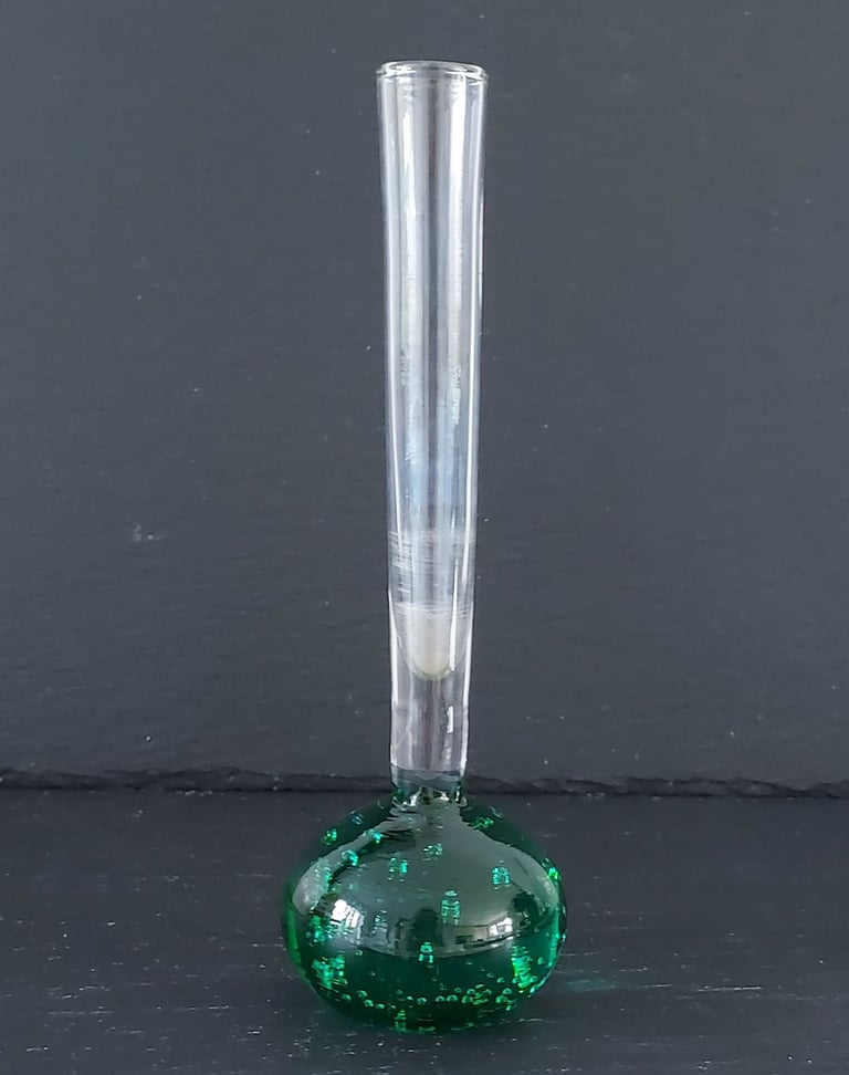 Vintage Green Bubble Glass Slim Bud Vase 16 cm Tall