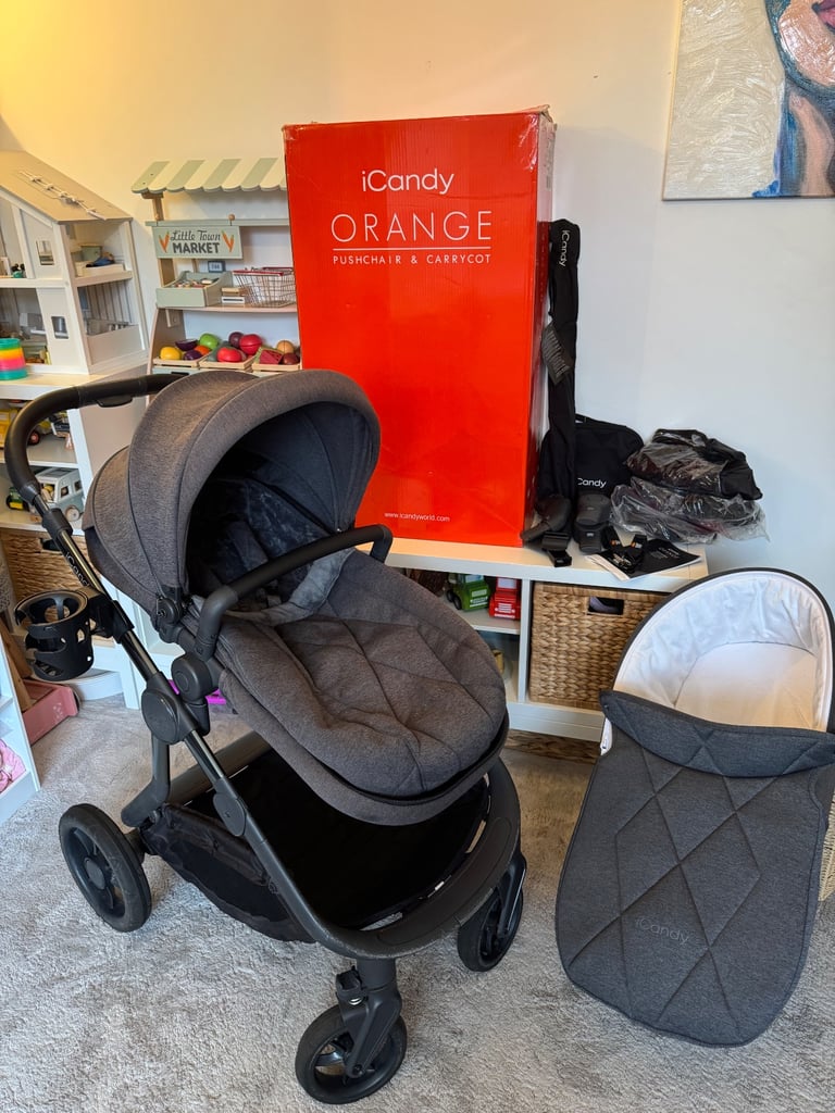 Icandy orange pushchair & carrycot with accessories