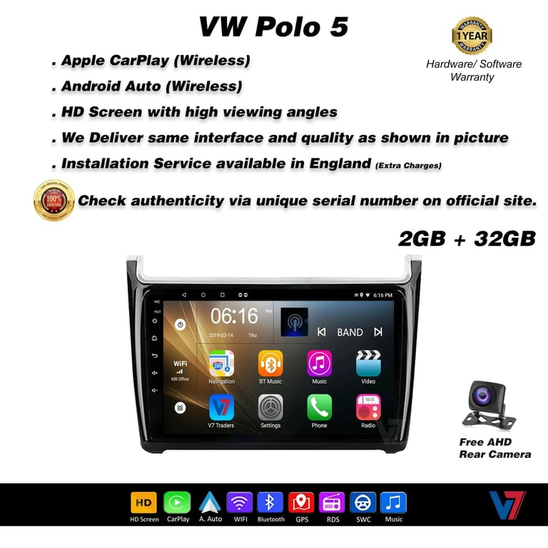 VW Polo 5 CARPLAY Android Auto HD Screen Head Unit GPS Stereo LCD Panel V7