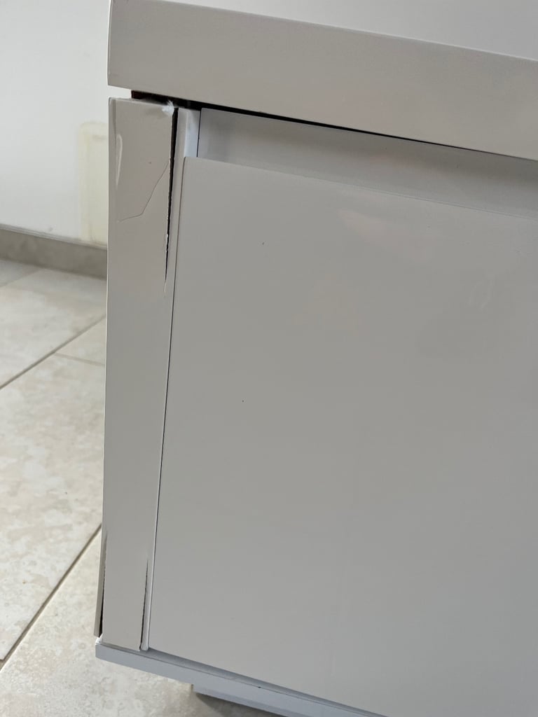 White TV Stand with Cupboard and Glass Shelf