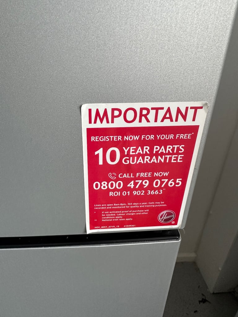 A Hover brand Fridge freezer which has worked only 1 year and had 10 years of warranty.