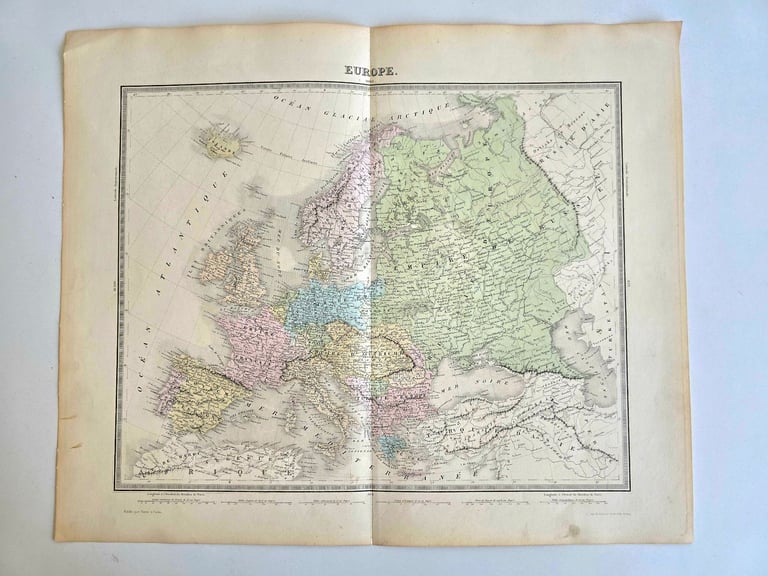 1850s Victorian Era Large Atlas Engraved Map Continental of Europe (French) 52x42cm Ambroise Tardie)