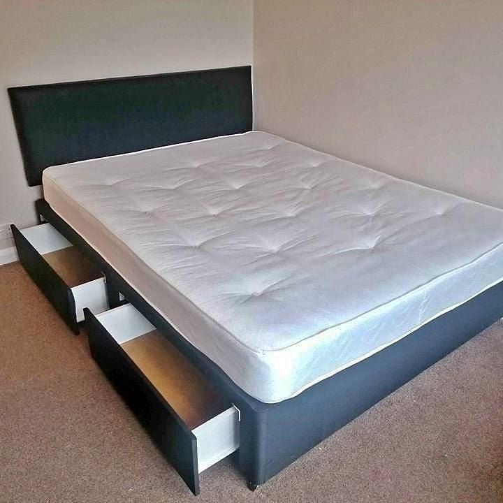 image for double velvet fabric bed with base and headboard and memory foam mattress