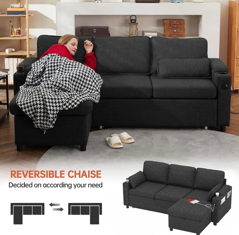 Luxury. All-in-One Sofa Bed with USB, Cupholders, Ottoman & Storage Armrests.