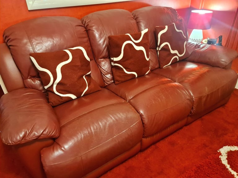 CHERRY Red Leather 3 Piece Suite, Leather Recliner