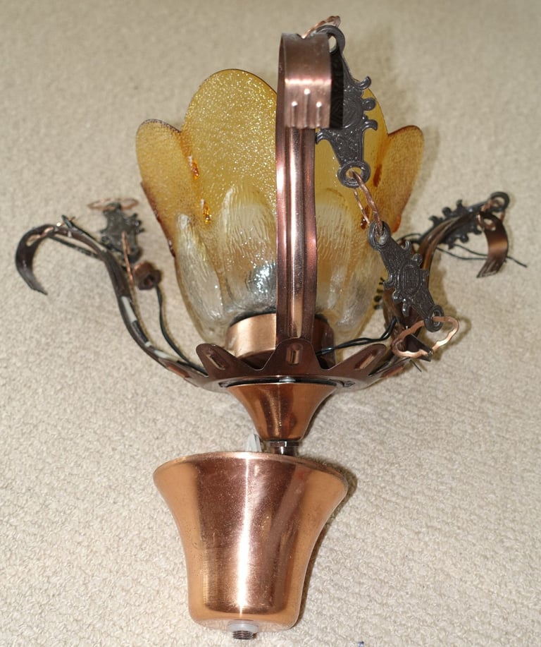 Lovely European vintage metal pendant light with glass shade. 