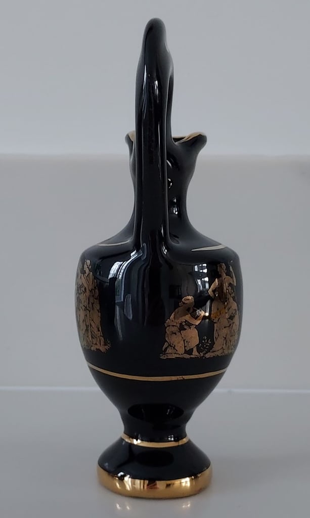 Greek Jug Urn with Tall Handle - Black with 24k Gold Handpainted Decoration