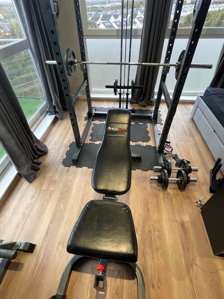 Bodymax full rack, attachments, 215kg cast weight plates and tree, 7ft 20kg barbell, bench, dumbells