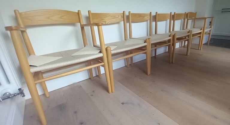 image for 6 solid ash wood and reed cord dining chairs