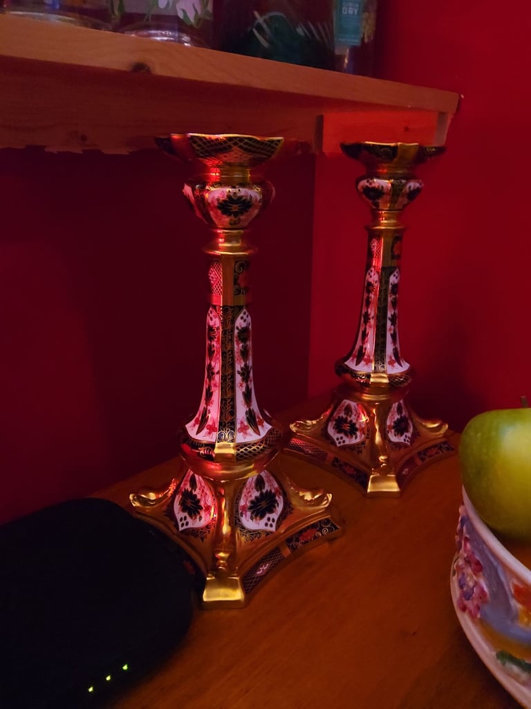 image for ROYAL COURT DERBY IMARI CANDLESTICKS.