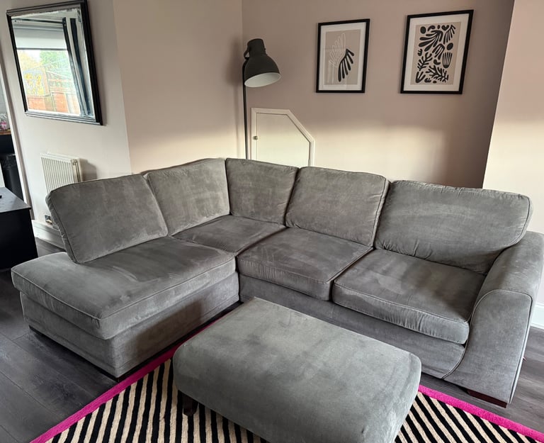 DFS Grey Orka Corner Sofa, Electric Reclining Armchair & Footstool