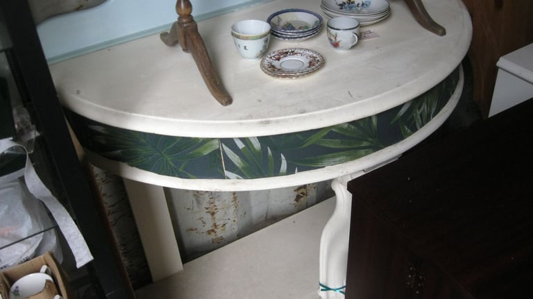 image for STURDY WHITE HALF MOON - DEMILUNE TABLE. LOWER TIER. IN GOOD ORDER. DELIVERY 