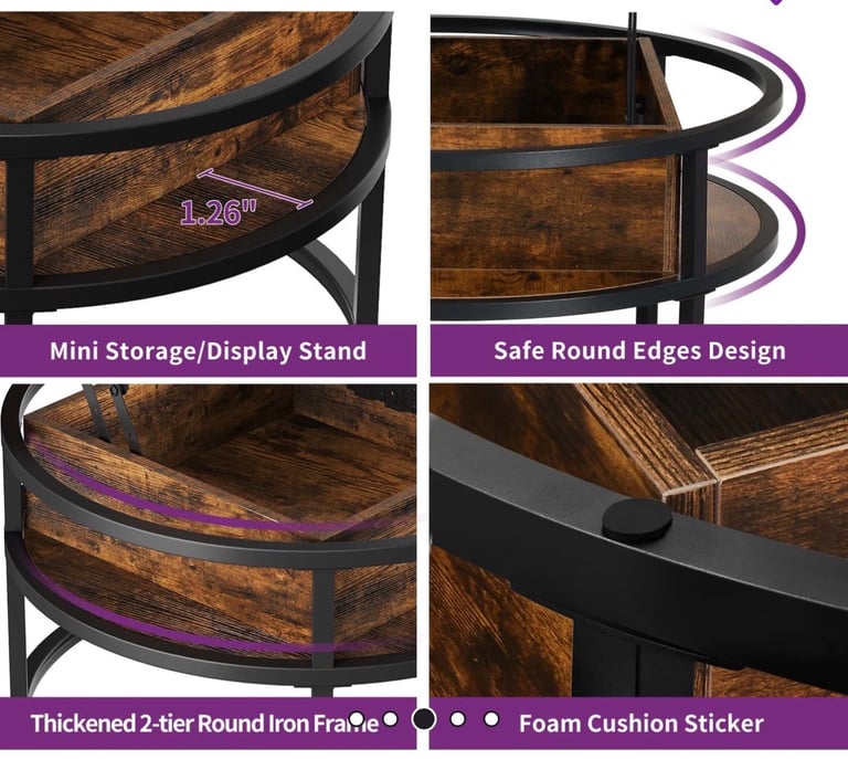 Round Lift Top Coffee Table with Storage Wood for Home Living Room Office Brown