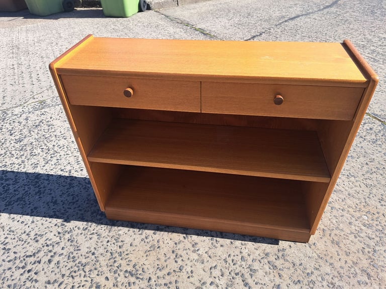 image for shelving unit in light brown wood with long drawer at the top 