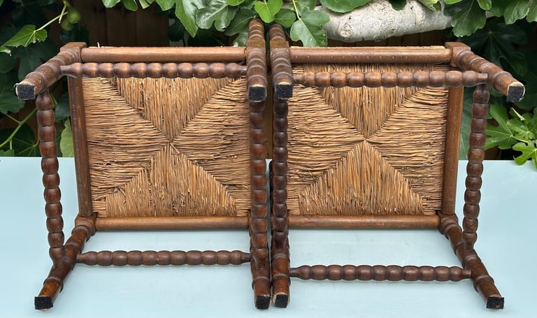 VINTAGE FRENCH BOBBIN LEG CHAIRS, CORNER CHAIRS, RUSH SEAT, H74cm - 1900s ARTS & CRAFTS - WILL POST!