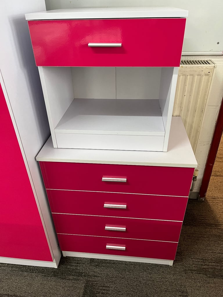 Pink & White Two Door Wardrobe Chest & Bed Side Cabinet 