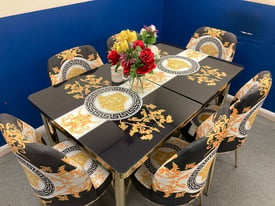 ♛ Black & Gold Versace Extending Glass Dining table with Fabric plush chairs