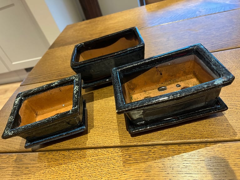 image for Three blue ceramic terracotta Bonsai planters