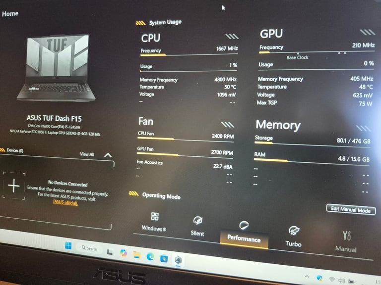 Gaming Laptop Asus TUF Dash F15 15.6" Intel i5-12450H/RTX3050Ti/16GB RAM/512GB SSD/Windows 11