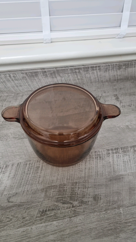 Vintage Retro VISION Corning France Amber Glass Casserole Stock Pot & 