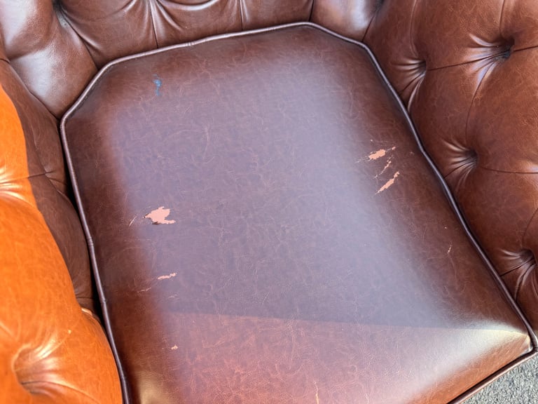 Pair of chesterfield faux brown leather club armchairs 