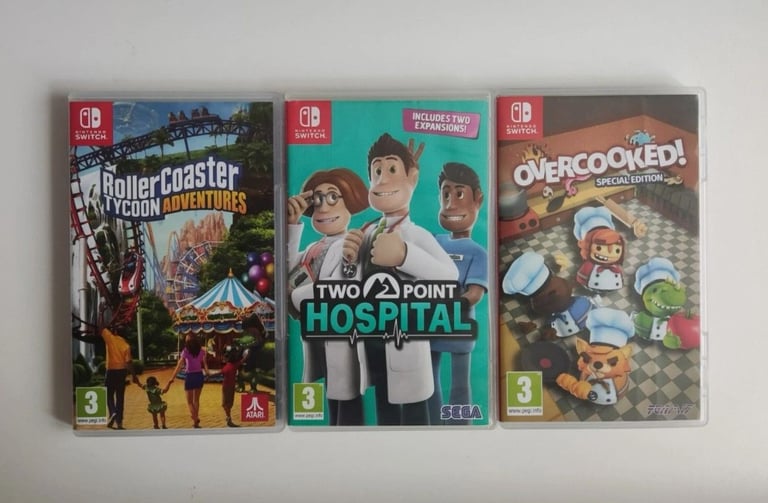 3 Nintendo Switch Games Bundle [Overcooked, Two Point Hospital & Rollercoaster]