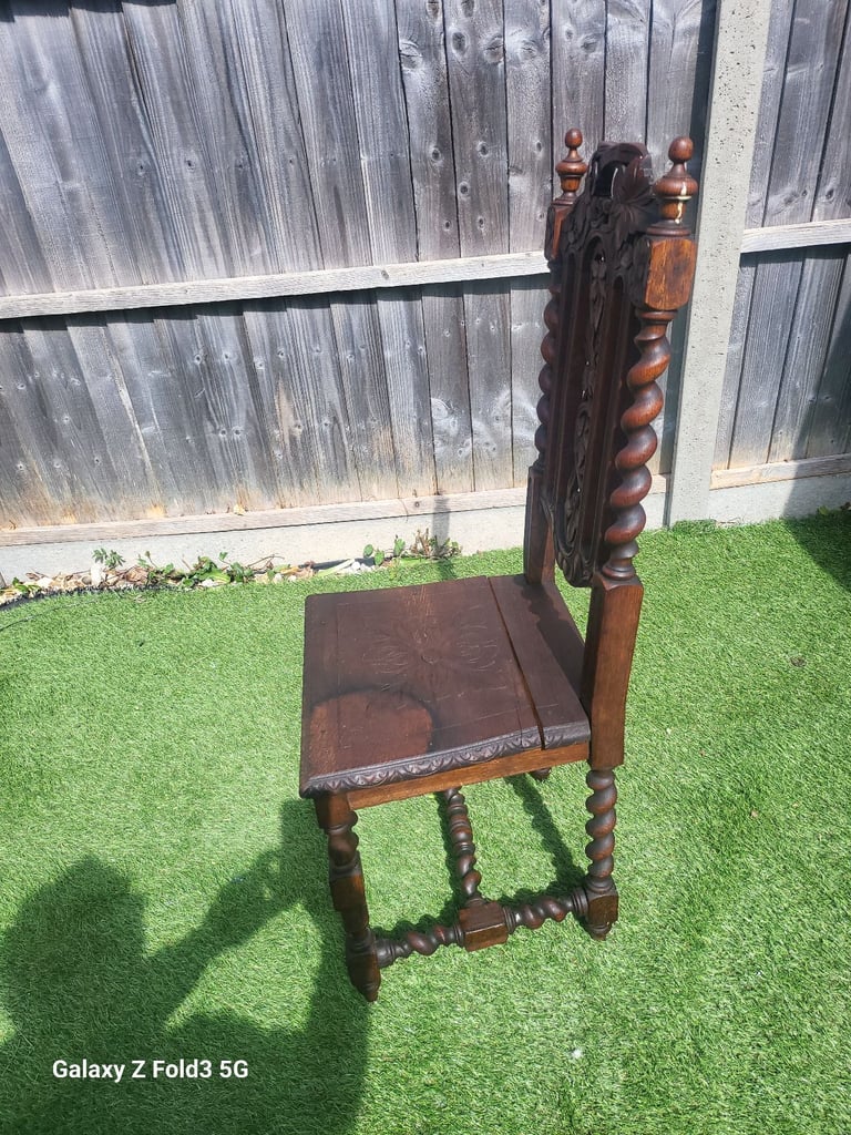 Antique Victorian High Back Heavily Carved Barley Twist Oak Chair Furniture