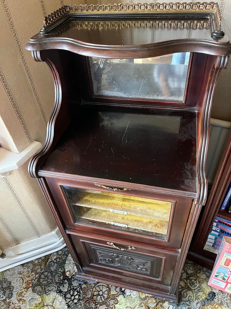 Antique Edwardian Carved Mahogany Sheet Music Cabinet with Velvet Lined Shelves