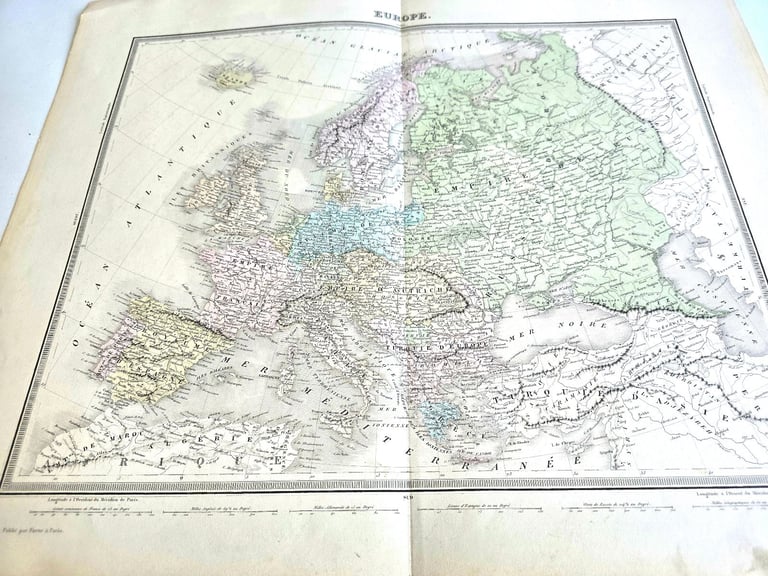 image for 1850s Victorian Era Large Atlas Engraved Map Continental of Europe (French) 52x42cm Ambroise Tardie)