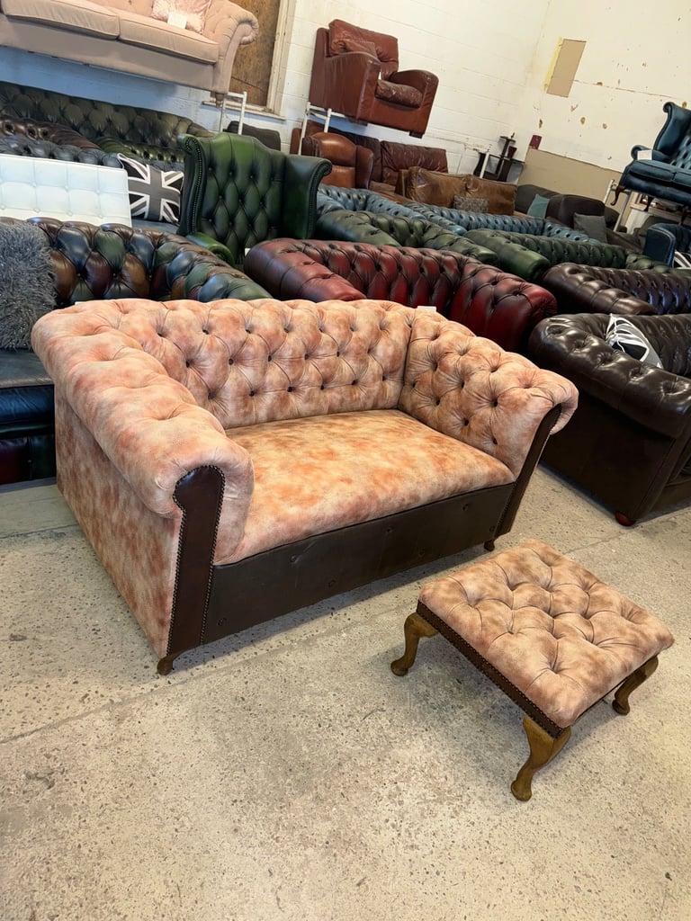 Chesterfield brown leather unique two seater sofa with footstool
