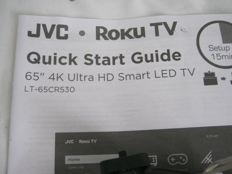 65" JVC ROKU TV STANDS  AND REMOTE CONTROL 