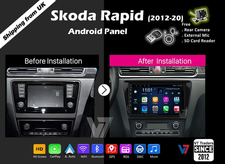 Skoda Rapid 2012-20 CARPLAY Android Auto HD Screen Head Unit GPS Stereo LCD Panel V7