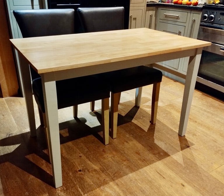 image for HARDWOOD KITCHEN OR DINING TABLE WITH TWO FAUX COVERED CHAIRS