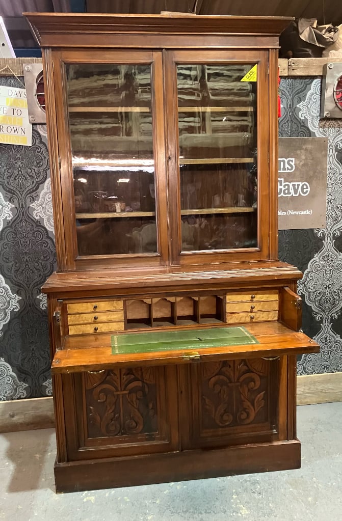 Stunning Handsome Vintage HUGE Oak Bookcase Secretaire Desk Cabinet with Glass Doors- Delivery