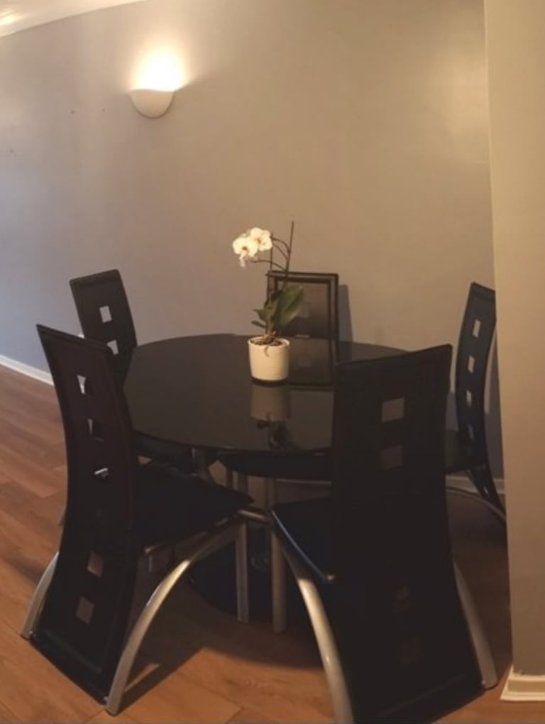 image for Black Round Glass Dining Table with 5 Chairs – £100 (Collection DA16 3ET)