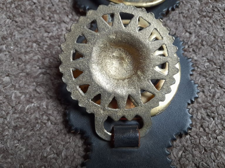 5 Vintage & Antique Brass Horse medallions on leather strap - bridle decoration