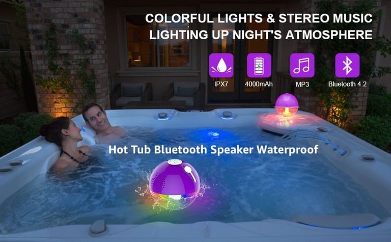 Hot Tub Bluetooth Speaker Waterproof with Colourful LED Lights (Purple)