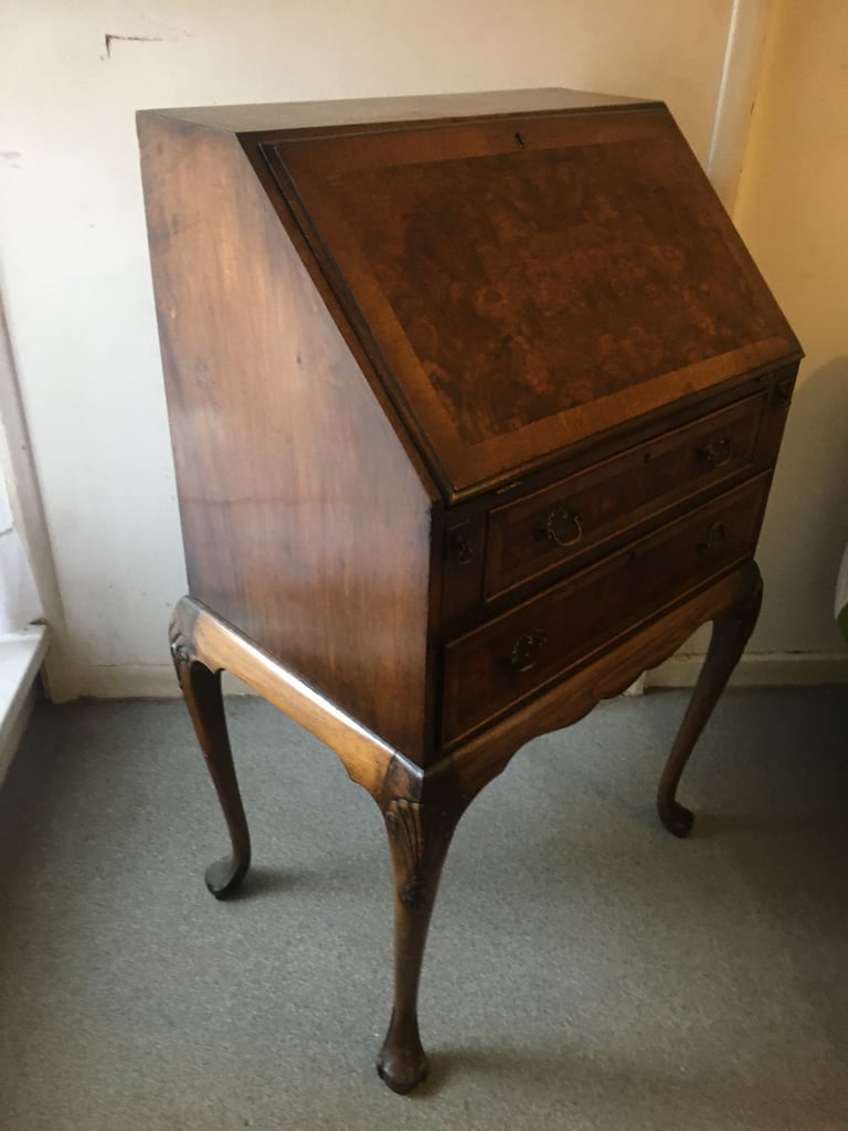 Antique Queen Anne Walnut Ladies Writing Bureau 1930's Secretaire 2 Drawers with Cabriole Supports