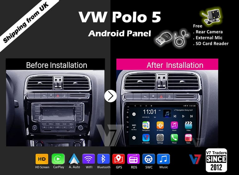 VW Polo 5 CARPLAY Android Auto HD Screen Head Unit GPS Stereo LCD Panel V7