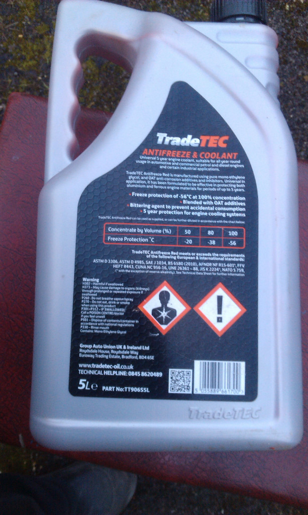 5 LITRE SEALED CONTAINER OF TRADETEC ANTIFREEZE / COOLANT