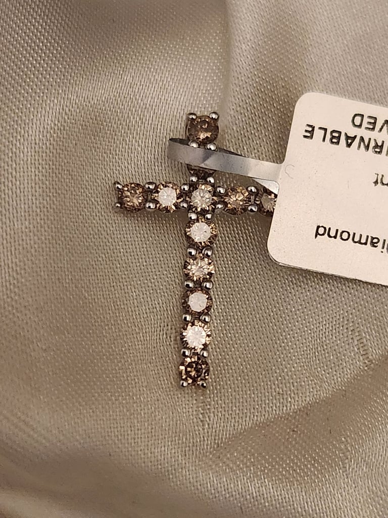 image for Cross 9ct Gold Diamond White Gold Cross champagne Diamonds Cross brand new 