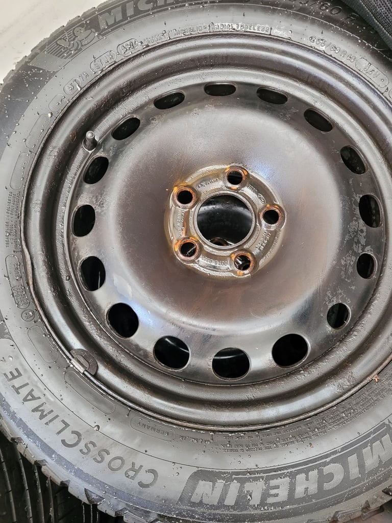 image for 4x ford 5x 108 pcd steel wheels with 4 good matching michellin cross climate all season tyres