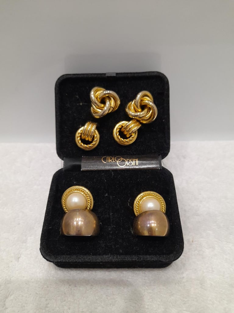 image for Vintage Carlo Orsini Jewellery Box of 4 Sets of Gold Coloured Earrings for Pierced Ears (Used)