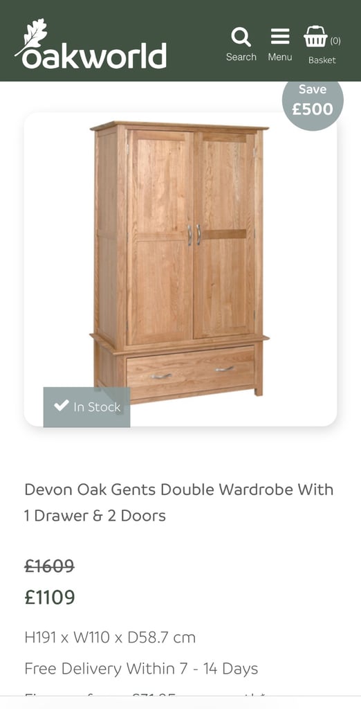Solid oak ladies and gents 2x wardrobe Devon range from Oak World excellent condition