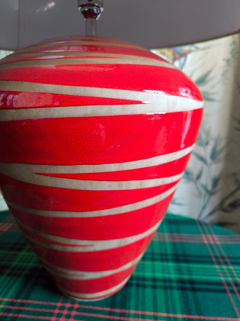 Matching Pair of Red Ceramic Table Lamps with Tan shades