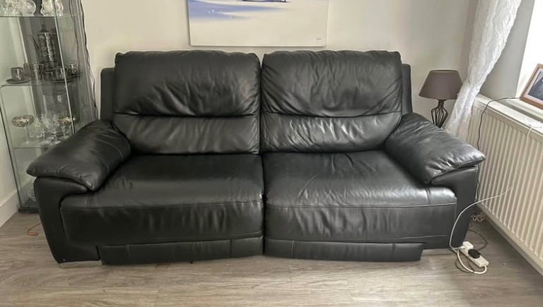 DFS black leather electric recliner large 2 seater sofa 