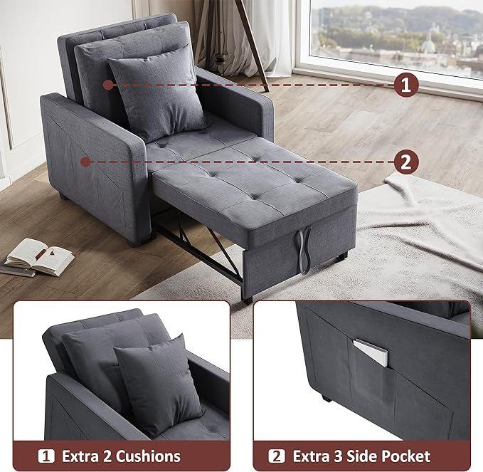New Grey Single Sofa Bed, 3-in-1 Pull Out Convertible Sleeper Chair Bed RRP £265 Our Price £198