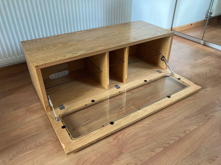 Pine TV stand with shelves, storage and glass fronted door